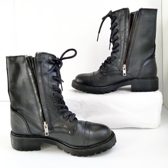 Black Leather Double Sided Zips/ Lace Up Combat Boots with Lugged Soles Sz 6.5 - Picture 5 of 11
